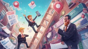 A cartoon illustration showing a small Midlands business outperforming larger competitors through effective local SEO strategy