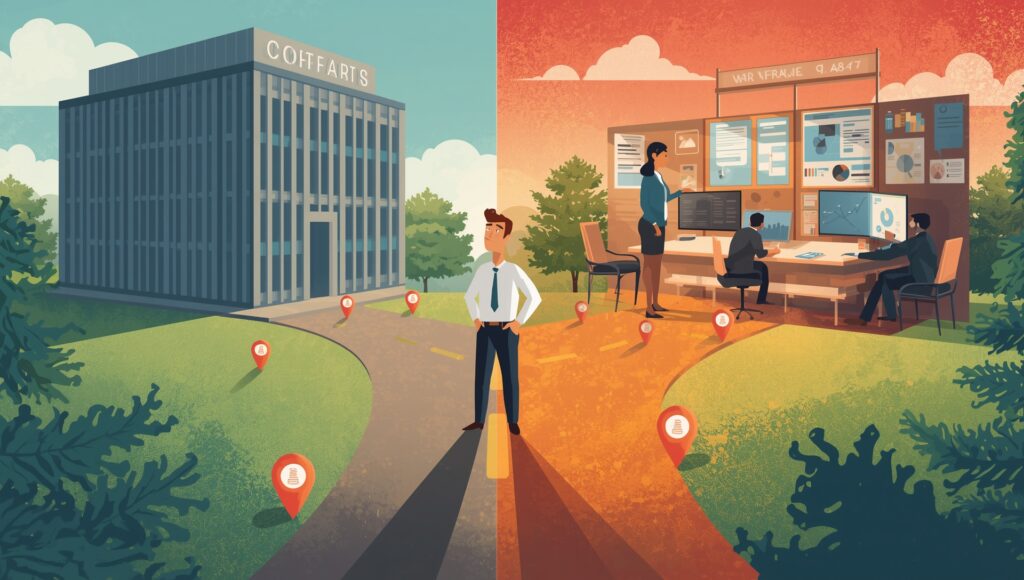 Cartoon illustration showing a Midlands business owner choosing a local digital marketing agency over a large corporate provider