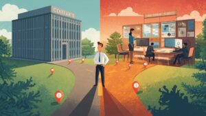 Cartoon illustration showing a Midlands business owner choosing a local digital marketing agency over a large corporate provider