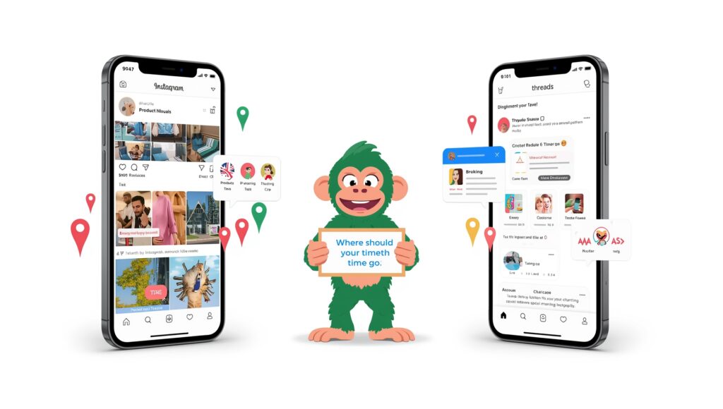 Playful illustration comparing Instagram and Threads as social media platforms for UK businesses and marketing strategy decisions.